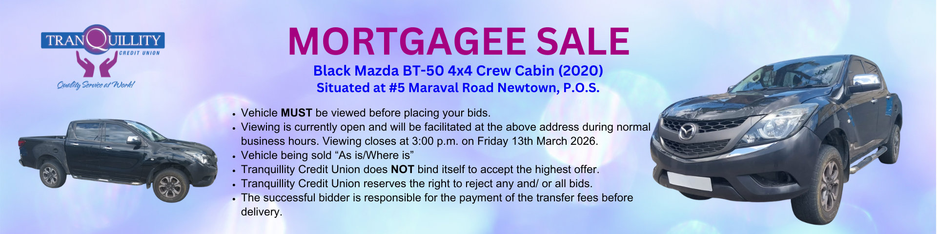 Vehicle For Sale by Mortgagee